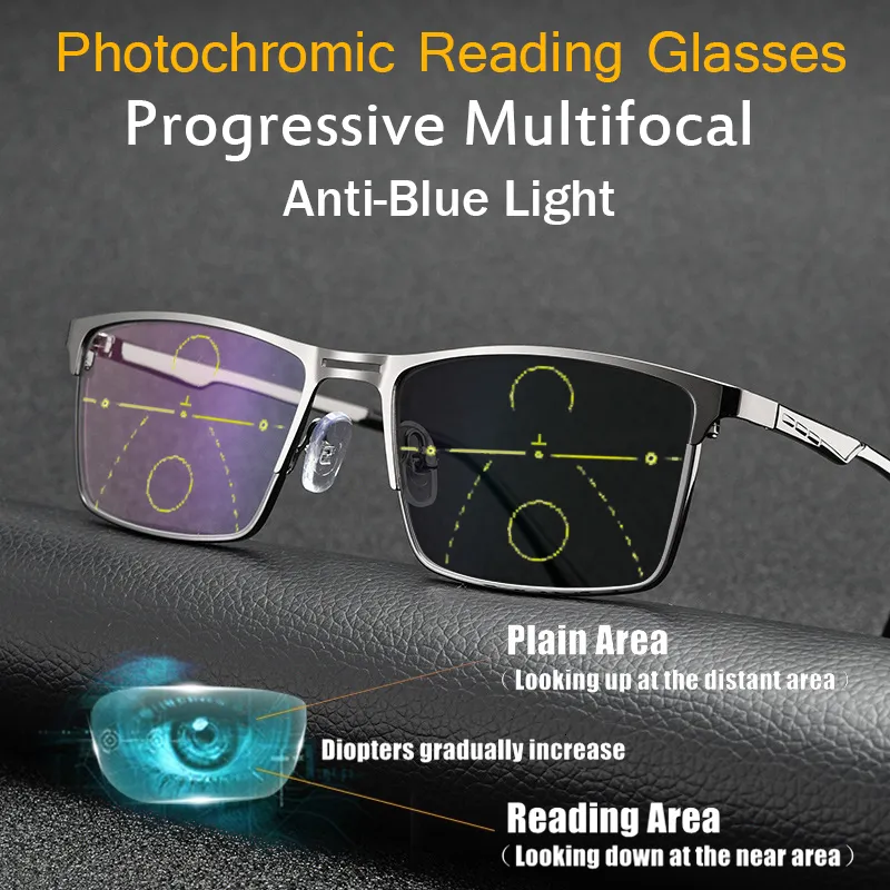 Gafas de lectura Gafas de lectura pocromáticas multifocales Gafas de lectura progresivas con cambio de color de la luz azul Anti dioptrías de marco completo 0 a 6.0 230804