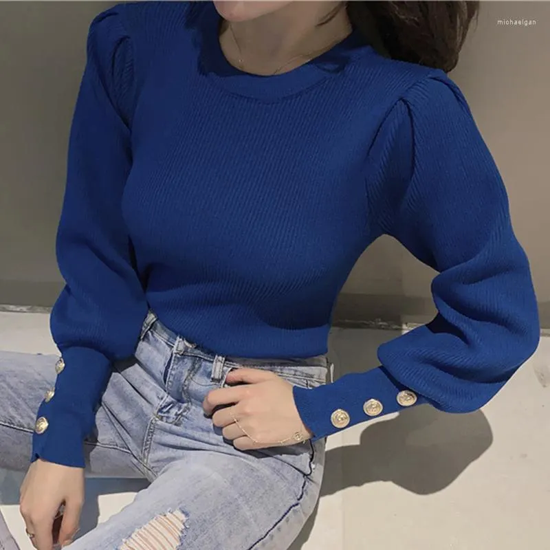 Женские свитеры с вырезом с фонаря-рукава Женщины-пуловки 2023 Корейский стиль синяя вязаная женщина Элегантные перемычки для дам
