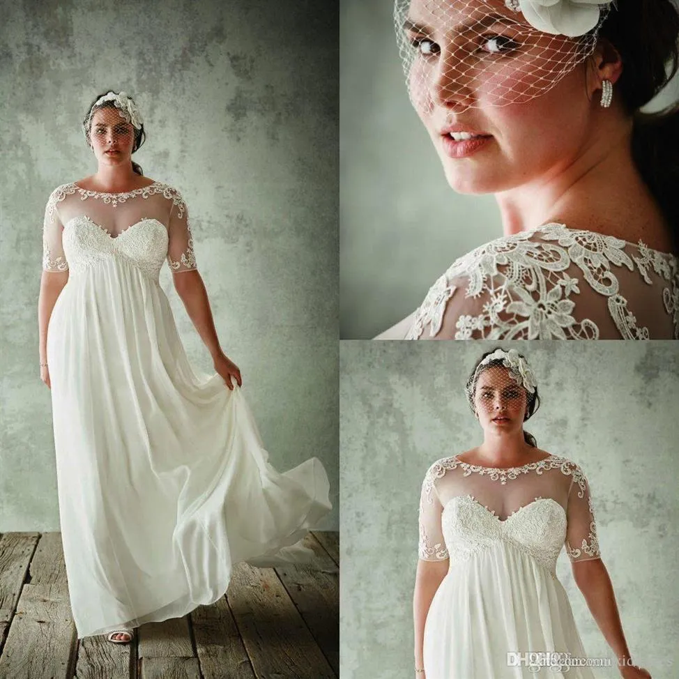 Jenny Packham Brautkleider in Übergröße 2018, halbe Ärmel, transparent, Juwel, A-Linie, Spitze, appliziertes Chiffon, Empire-Taille, formelle Brautmode Gow2626