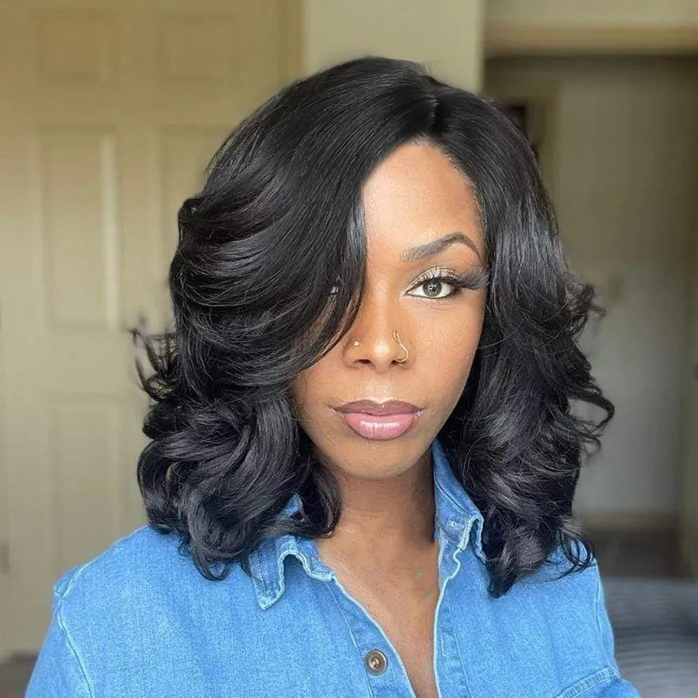 Loose Body Wave Curly Synthetic Hair Bob Wig Side Part Wigs for Black White Woman Cosplay Party Daily Use Heat Resistant Fiber