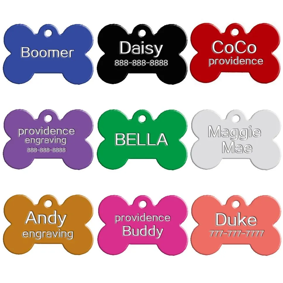 Lote de 100 pçs Cores misturadas Lados duplos Em forma de osso Etiquetas de identificação personalizadas para cães Gatos personalizados Nome do animal de estimação Telefone Não Não oferecemos Engr217f