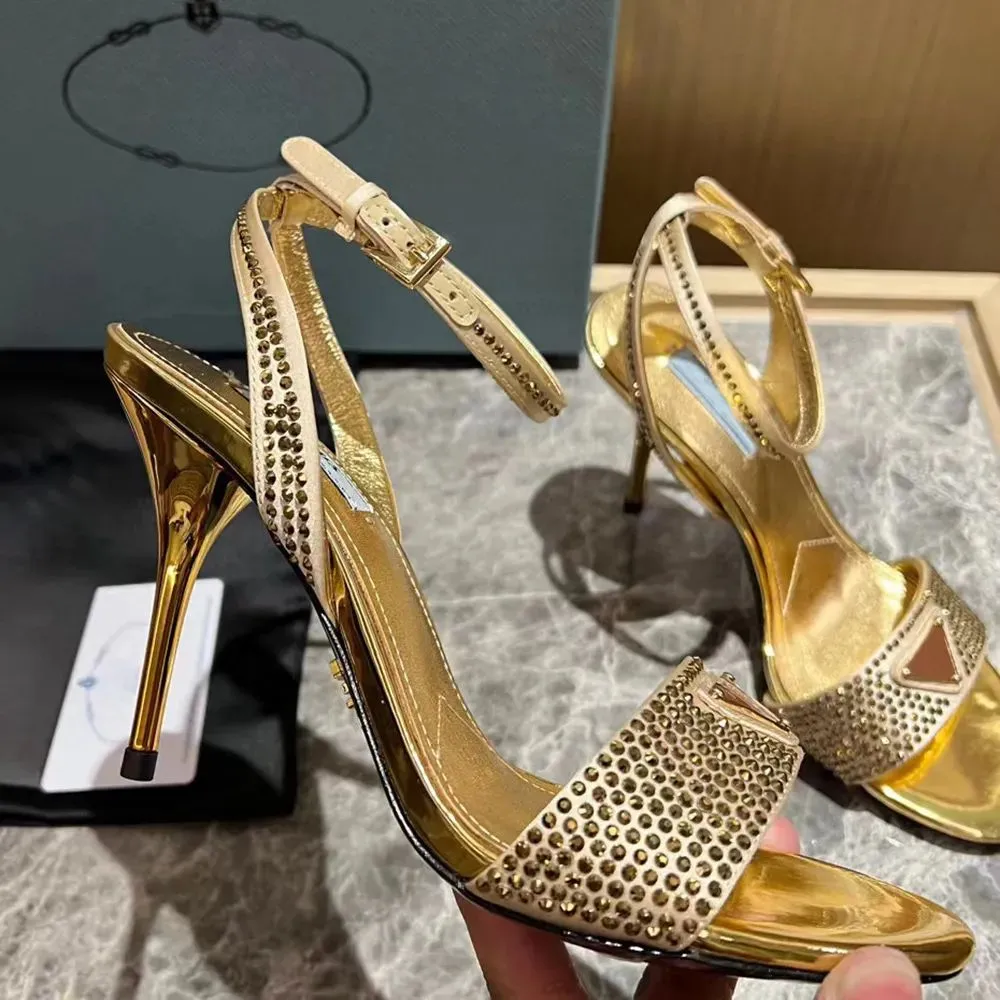 2024 Golden Rhinestone Crystal Luxury Stiletto Sandals Designer Heels for Women