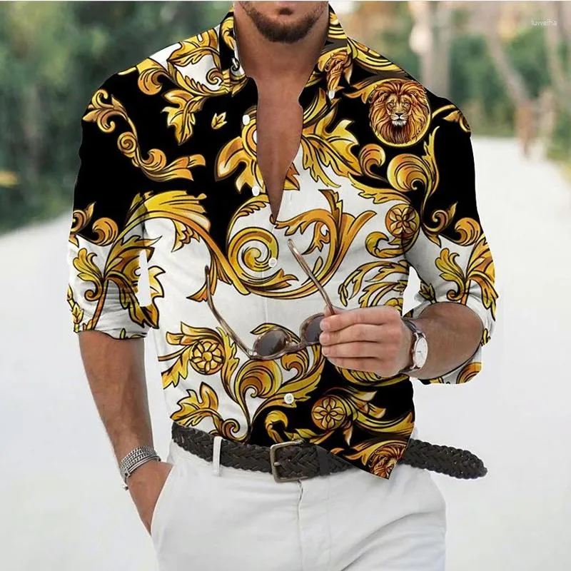 Camisas casuais masculinas 2023 barroco havaiano para homens 3d camisa de manga longa praia com decote em V superdimensionada camisetas masculinas roupas de verão