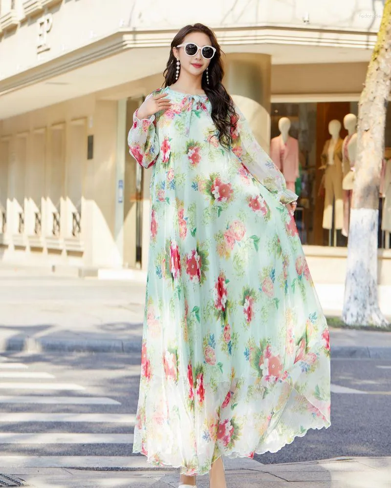 Robes de grande taille robe d'été pour femmes impression florale Maxi robe en mousseline de soie à manches longues ample Concert vacances plage longue Vestido