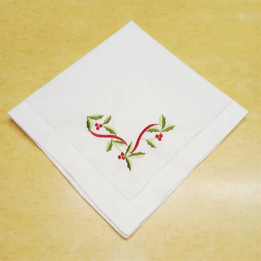 Set of 12 Home Textiles Christmas Dinner Napkins White Hemstitched 100% linen Fabric Table Napkin with Color Embroidered Floral Te345V