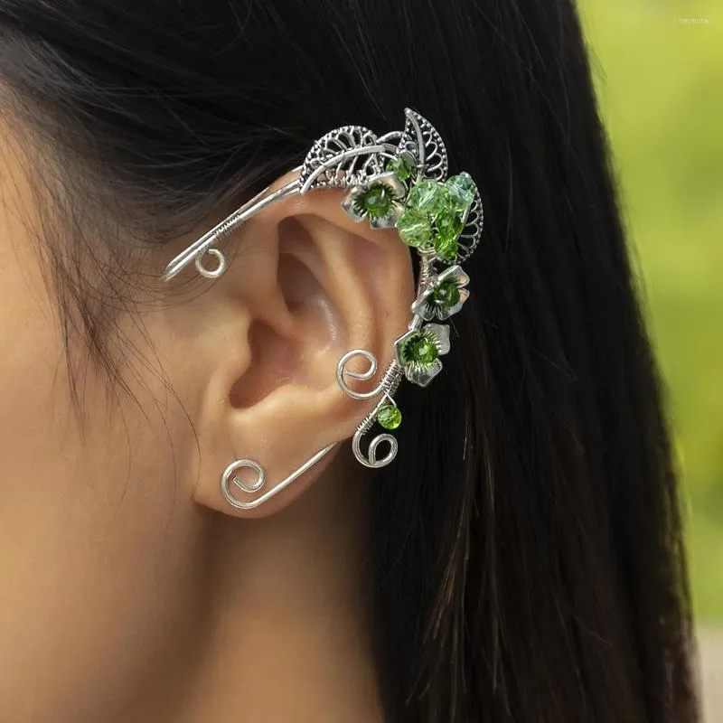 Brincos nas costas Gótico Cristal Verde Fada Elf Ear Cuff Casamento Noiva Vintage Folhas Clipe Em Fake Piercing Cosplay Estética Jóias Femininas