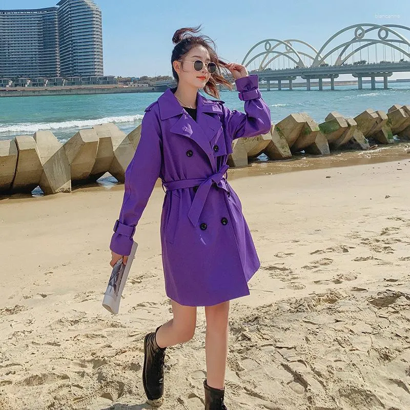 Płaszcze damskie okopy 2023 Purple płaszcz średniej długości Sense Sense Korean Chic Cargo Kurtka Lapel z podwójnym wyborem Casual Cape