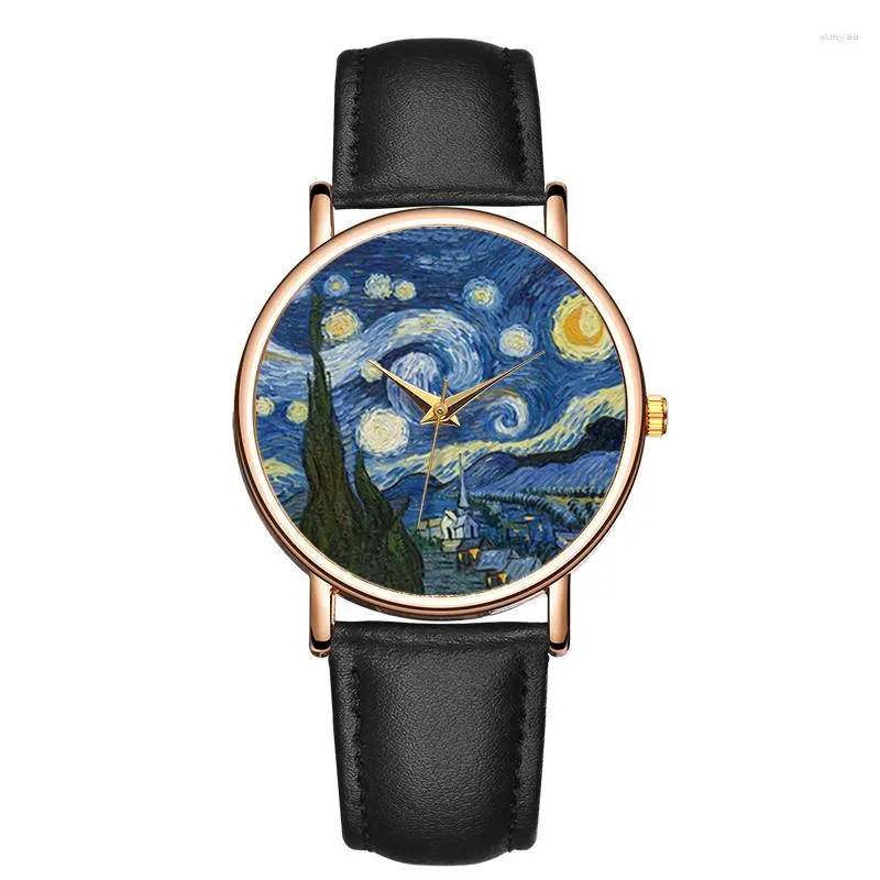 Wristwatches Luxury Set For Women Quartz Watch Art Style Temperament Ladies The Oil Painting Waterproof Leather