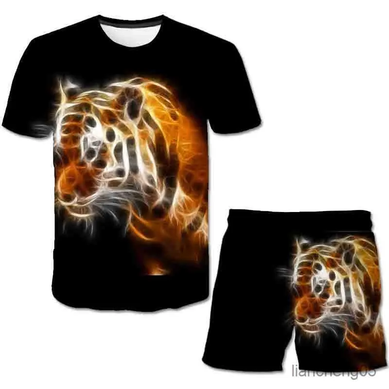 Kläder set sommarbarn kläder korta uppsättningar tiger djur sport kläder baby flicka pojke t-shirts 2 bit set barn till 14 år kläder R230805