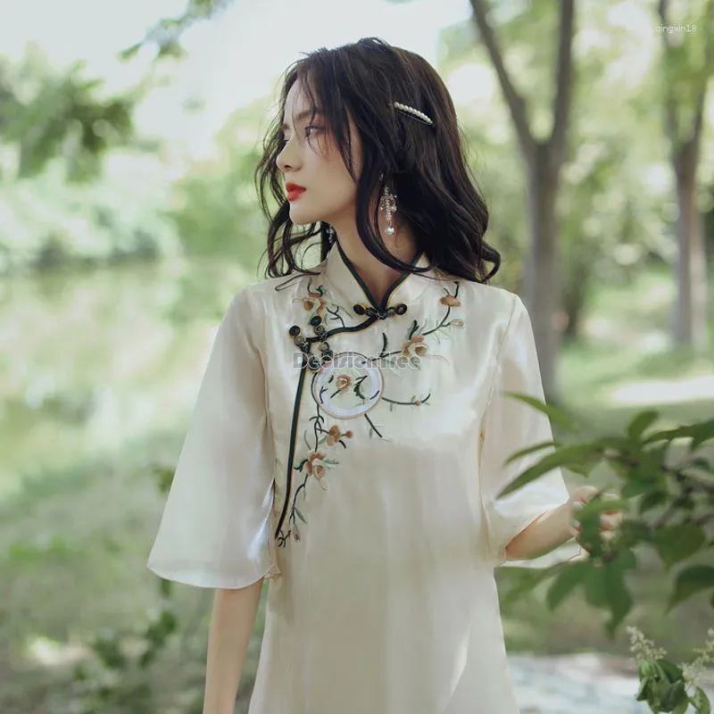 Этническая одежда 2023 китайский стиль лето улучшенное платье Cheongsam Леди Элегантная повседневная ежедневная вышивка QIPAO Hanfu