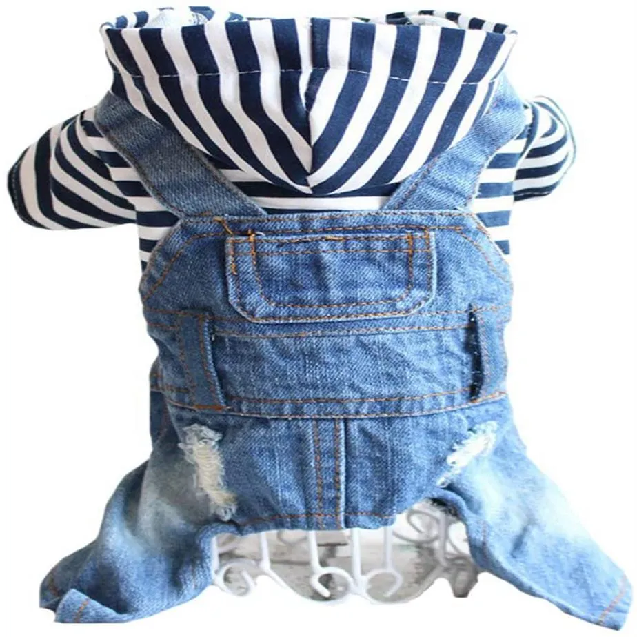 Chien Vêtements Denim Rayé ou Grille Chiens Combinaisons Chiot Chat À Capuche Jean Manteau Quatre Pieds Vêtements pour Petit Doggy Teddy Yorkies Sw224Y