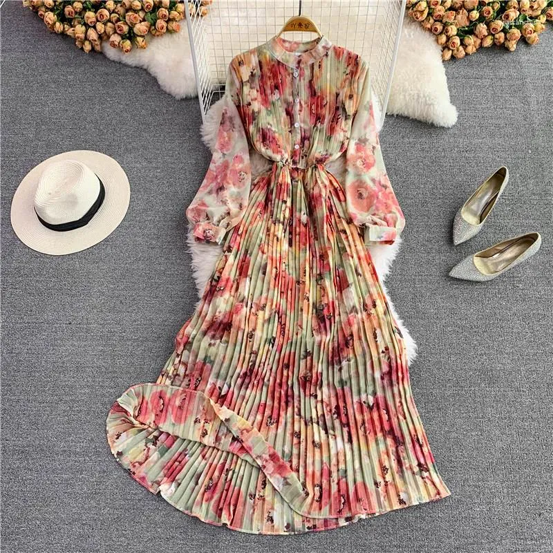 Casual Dresses Korean Fashion Summer Dress For Women Stand Collar Tie-dye Printed Female Chiffon Pleated Ladies Maxi Vestidos Dropship