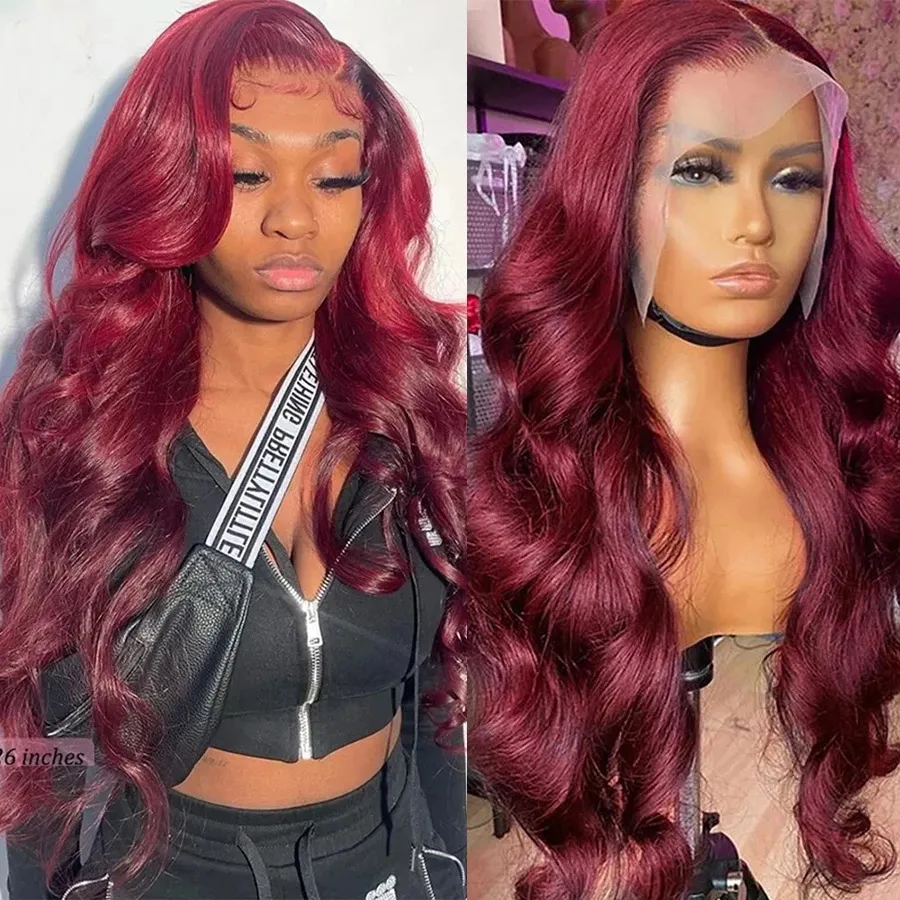 250％ボディウェーブウィッグバーガンディレースフロントウィッグブラジルレミー13x4 Glueless 99J Red Burgundy Lace Front Human Hair Wigs for Women