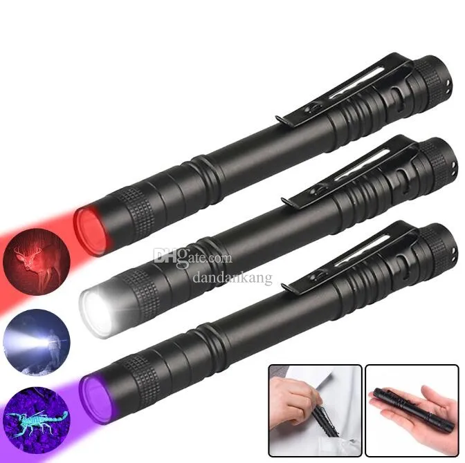 Portable Mini 395nm UV Flashlight Blacklight Waterproof Medical Burse Pen Light detector Battery-Powered Handheld mini Torch Lights with red Yellow Purple Light