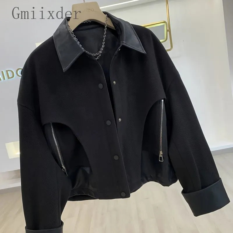 Herrenjacken Gmiixder Unisex Pu-Leder Patchwork Kurze Wolljacke Männer Frauen Frühling Herbst Designer Nische Gespleißter Reißverschluss Revers Mantel 230804