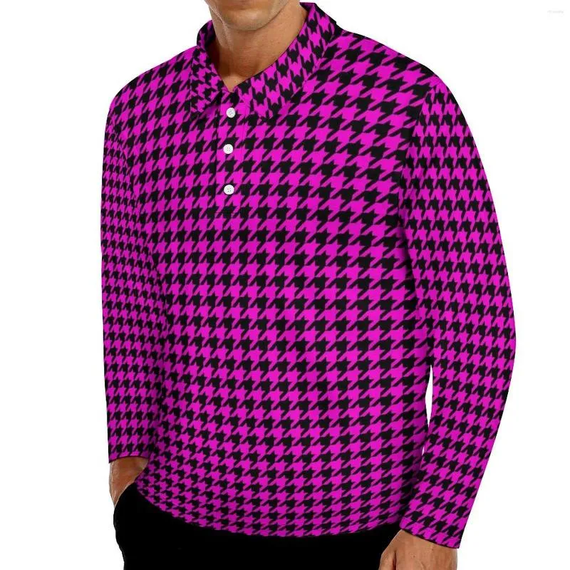 Polos masculinos modernos Houndstooth camisetas casuais preto e rosa camisas polo masculinas Y2K camisa outono manga longa roupas impressas tamanho grande 4XL 5XL