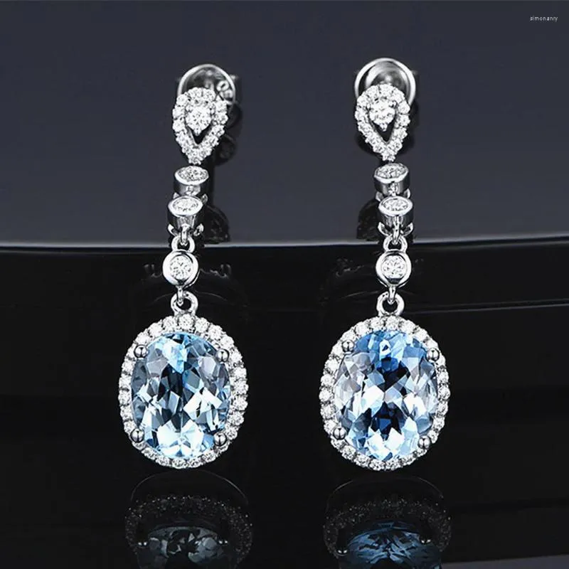 Kolczyki Dangle Akwamarynowe kamienie szlachetne niebieskie kryształowe diamenty cyrkon kropla dla kobiet 18K biały złota srebrna biżuteria Bijoux Bague Prezent