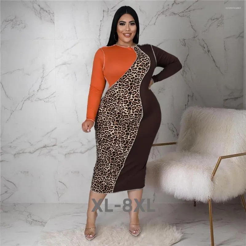 Plus Size Kleider Damen Elegant Leopard Patchwork Bodycon Stretch Maxikleid Party Vintage 2023 Wholesa 3XL 4XL 5XL 6XL