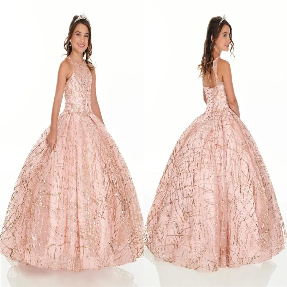 2022 Sparkly Rose Gold Sequin Flower Girls Vestidos Para Casamento Festa De Aniversário Fechadura De Volta Cristal Frisado Criança Primeira Comunhão 245c