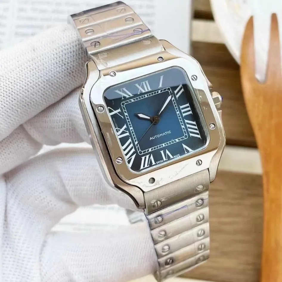 Wristwatch for Man Mechanical Mens Watch Self-Winding 40mm Fashion Square Blue Dial Stainless Steel Metal Strap Casual Watches Sport Clock Montre De Luxe