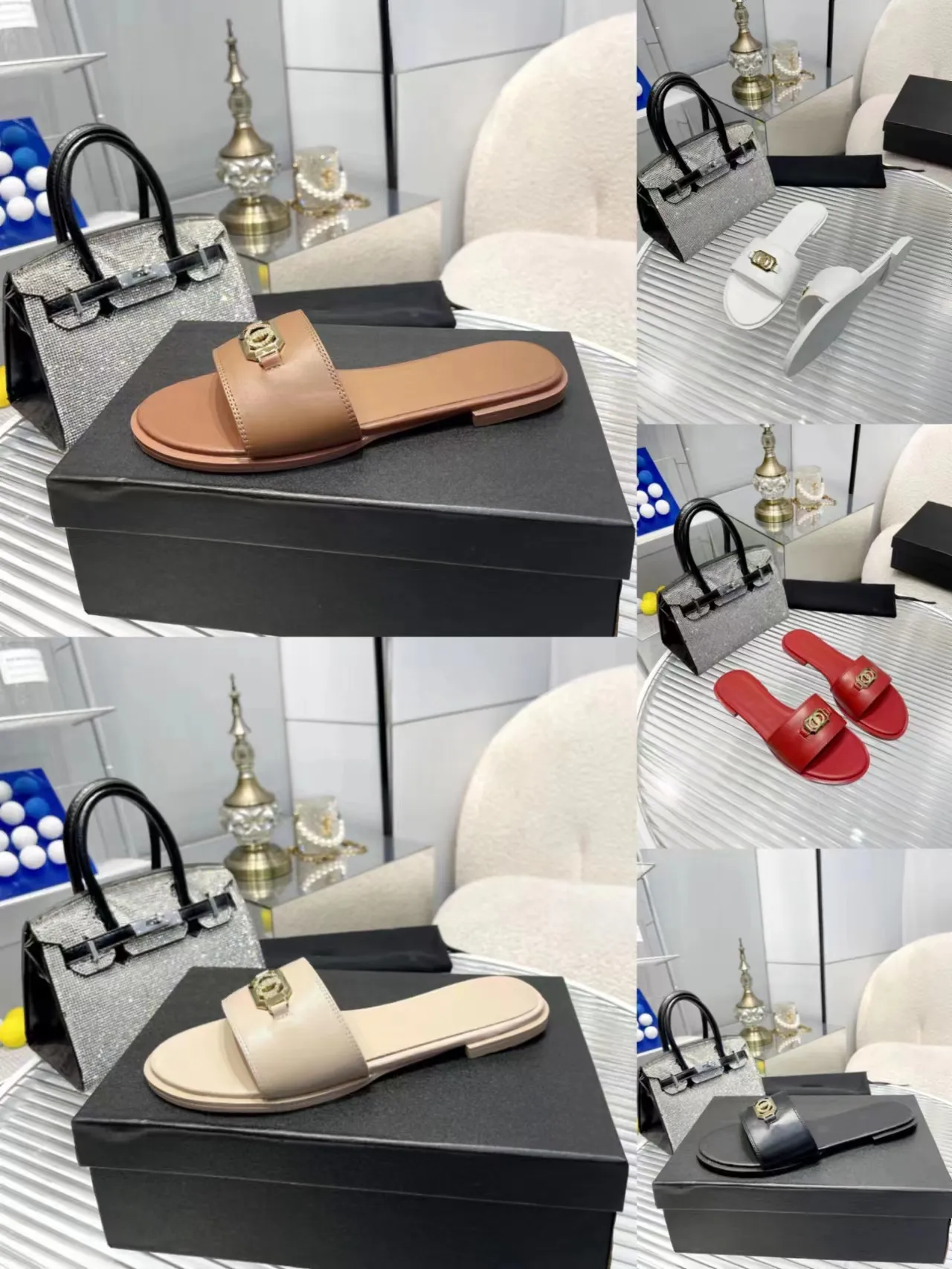 Sandali e pantofole da donna firmati Tacchi piatti da donna eleganti con sacchetto per la polvere di ultima moda da festa 35-43