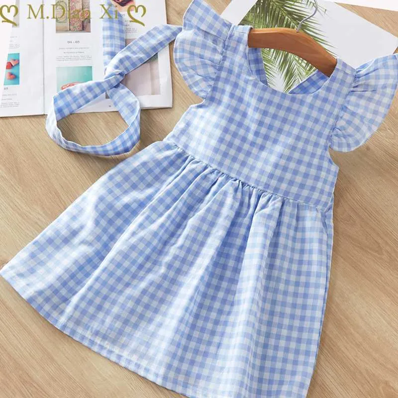 Flickans klänningar Girls Dress Flying Sleeve Plaid Dress+Headband 2023 Baby Girls Princess Kids Party Dress Newborn Costume