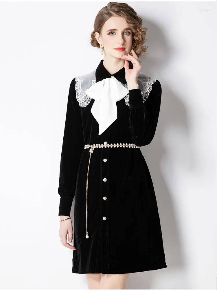 Vintage Black Velvet Runway Dress with Embroidery, Lapel, Bow, and Beaded Belt