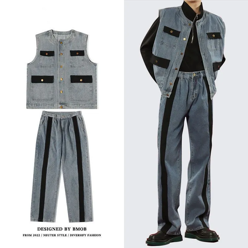 Mens Tracksuits Houzhou Ställ in last denim 2 bitar kläder manliga lappkläder jeans byxor västar ärmlös casual koreanska streetwear hiphop 230804