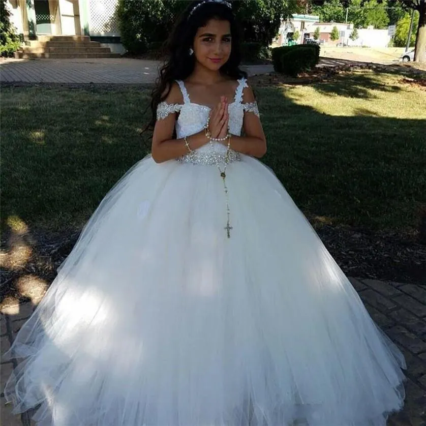 Nuovi abiti da ragazza di fiore gonfi economici per matrimoni Applique in pizzo perline senza maniche Tulle Girls Pageant Dress Kids Baby Children Commu244I