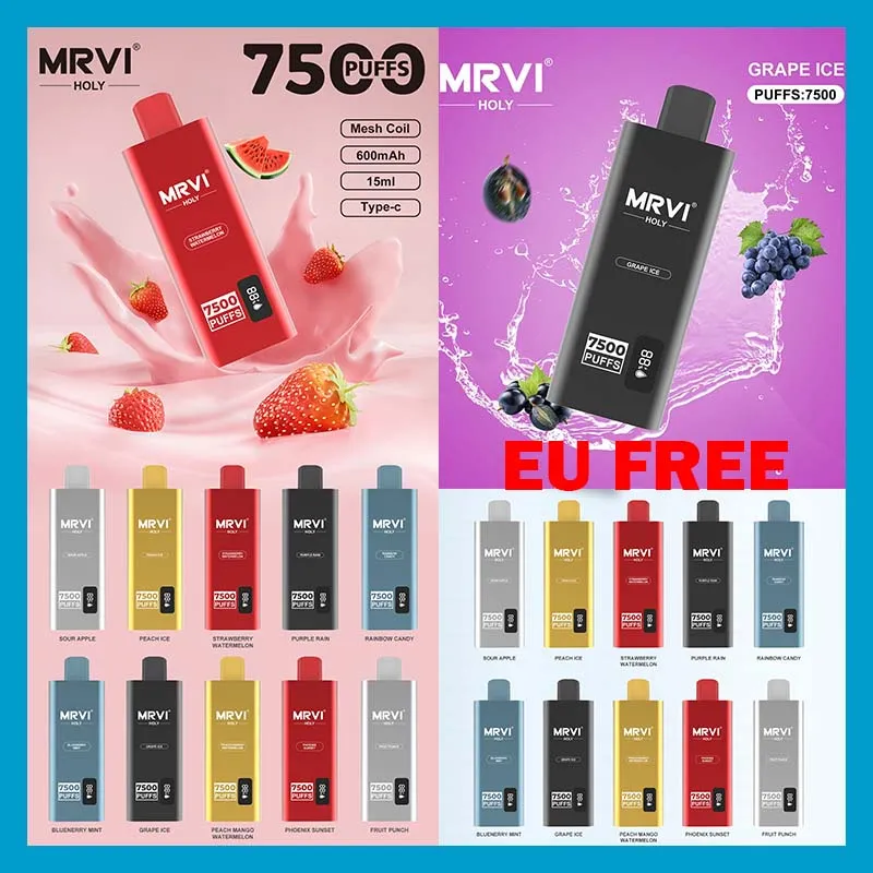 Original Mrvi Holy 7500 Puffs Einweg-Vape-Pen E-Zigarettengerät mit 600-mAh-Akku, 15-ml-Pod, vorgefüllte Kartusche, wiederaufladbar, EU-freie Netzspule mit Bildschirmanzeige