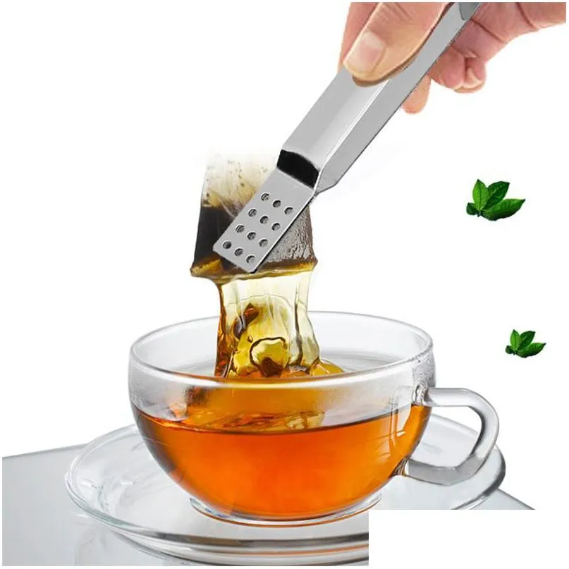 Coffee Tea Tools New Metal Spoon Mini Sugar Clip Leaf Strainer Reusable Stainless Steel Bag Tongs Teabag Squeezer Holder Drop Delive Dhopz