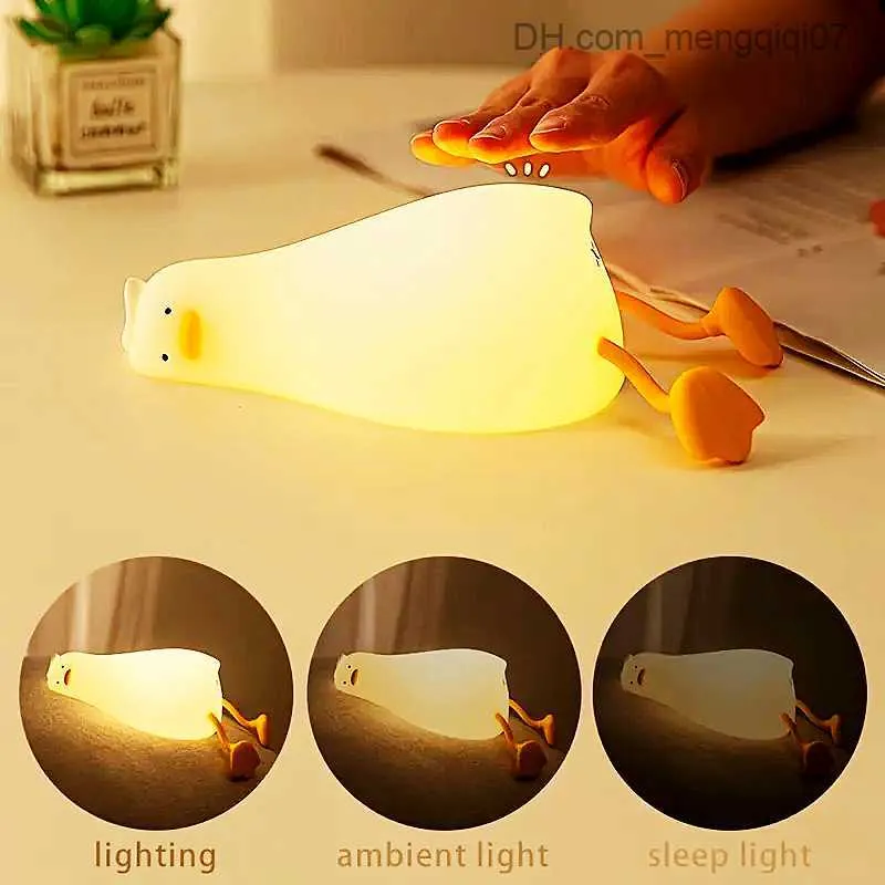 Lamps Shades Funny Lying Flat Duck Night Light LED Squishy Duck Lamp 3 Lighting Modes Rechargeable Silicone Bedside Baby Kids warm white Z230809