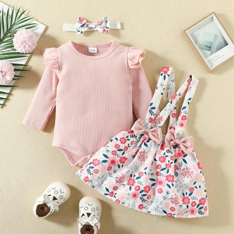 Conjuntos de roupas 2023-06-06 Lioraitiin 0-18M Infant Baby Girls Fall Outfits Manga comprida com nervuras Romper Suspensório Saia Tiara Conjunto de roupas