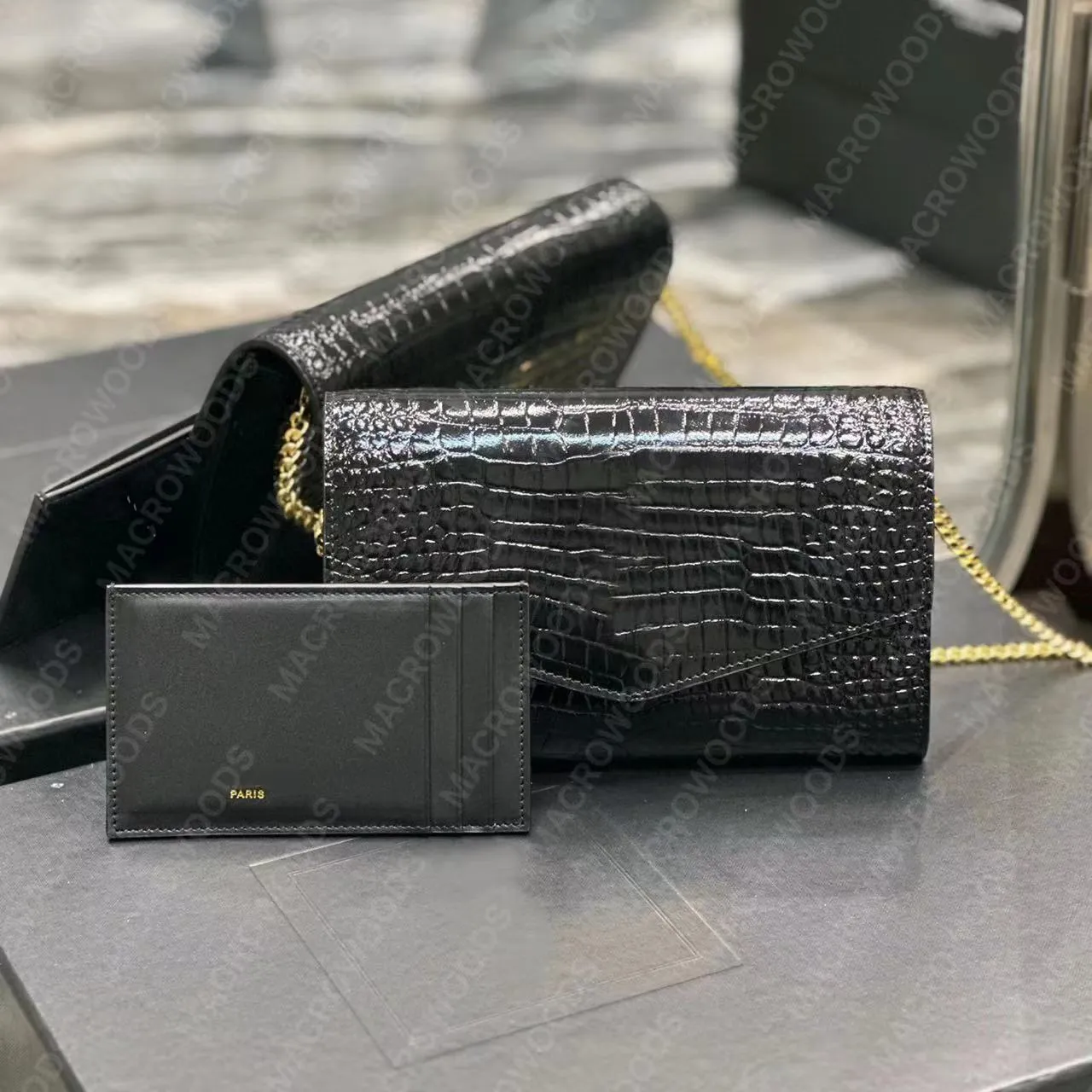 Designer black shop patent clutch bag