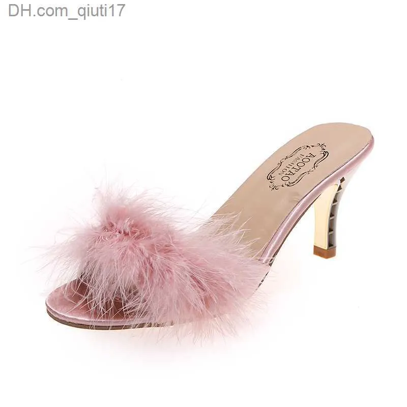 Slippers 2023 Pink White Women's Slippers Sexy Open Fur Summer High Heel Pump Women's Metal Buckle Wedding Party Shoes Z230805