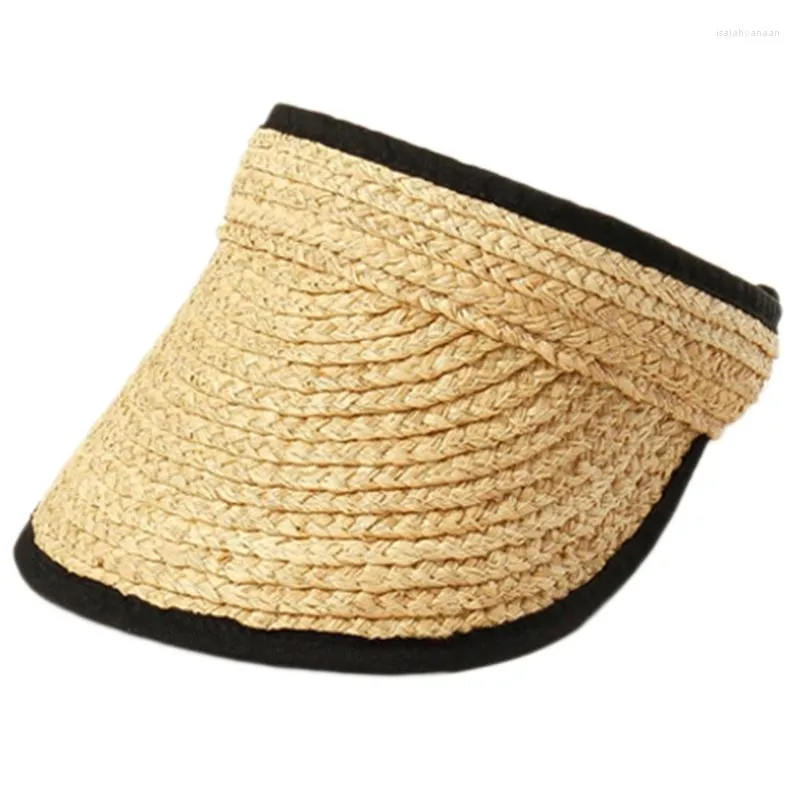 Wide Brim Hats 066F Women's Sun Visor Topless Beach Hat Empty Top Summer Traw With Selvedge