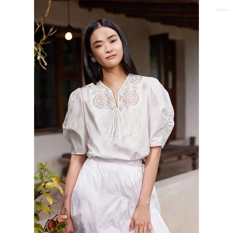 Women's Blouses EOS2023 Women White Lace Embroidery Ruched Puff-sleeve Up Casual Summer Shirt Niche Design Top Blouse Brand