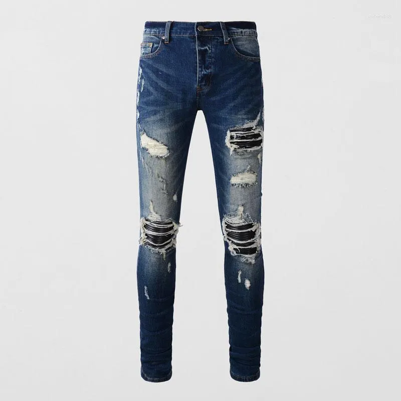 Mäns jeans high street mode män retro blå elastisk stretch mager rippad läder lapped designer hip hop varumärke byxor