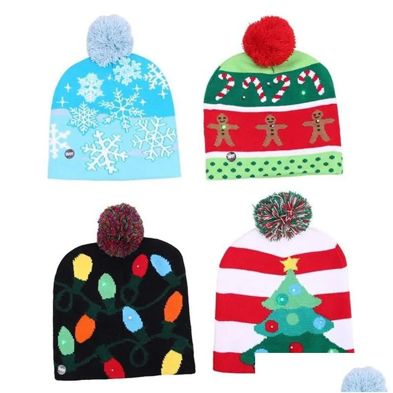 Decorazioni natalizie Led Light Up Hat Warm Bright Colorf Berretto lavorato a maglia di Natale con canna da albero Fiocco di neve String Lights Decor Gifts Drop Del Dhqyo