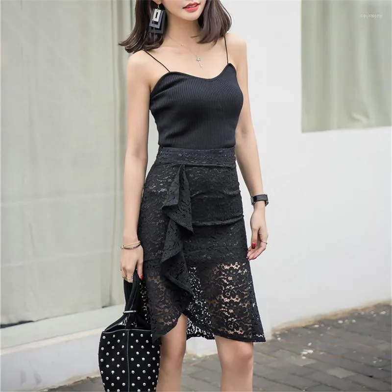 Skirts Women Irregular Crochet Lace Long Section High Waist Slimming Skirt Size S-5XL