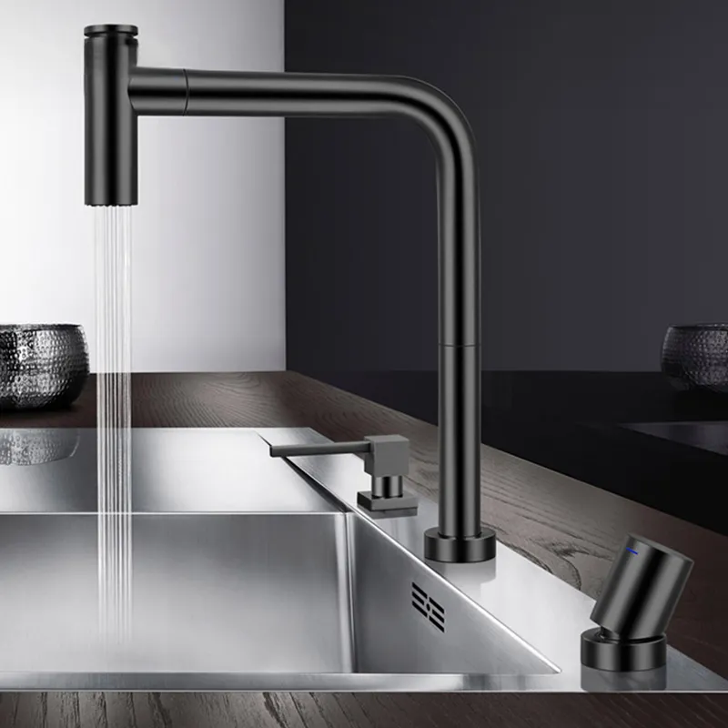 Black Kitchen Sink Faucet 304 Stainless Steel Independent Switch Hot And Cold Water Pull Out 360 Degree Kitchen Mixer Tap