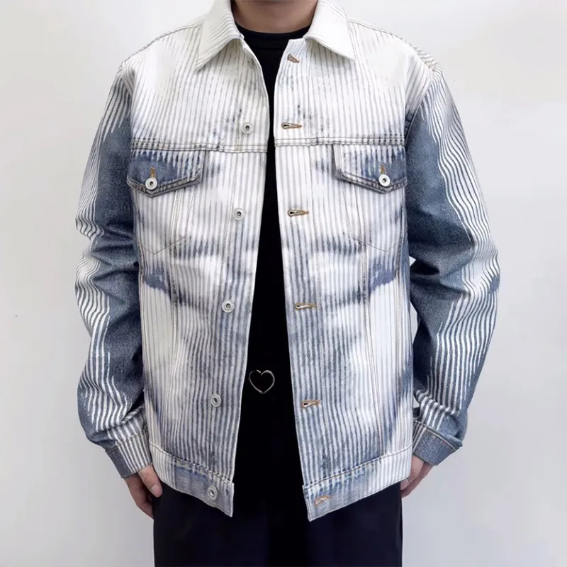 Mejor Precio En A Granel Veste En Jean A Rayures Bleu Blanc Masculin Impression De Degrade 100 Coton Manteau Court Classique Manche Longue Collier De Stand Envio Gratuito DHgate