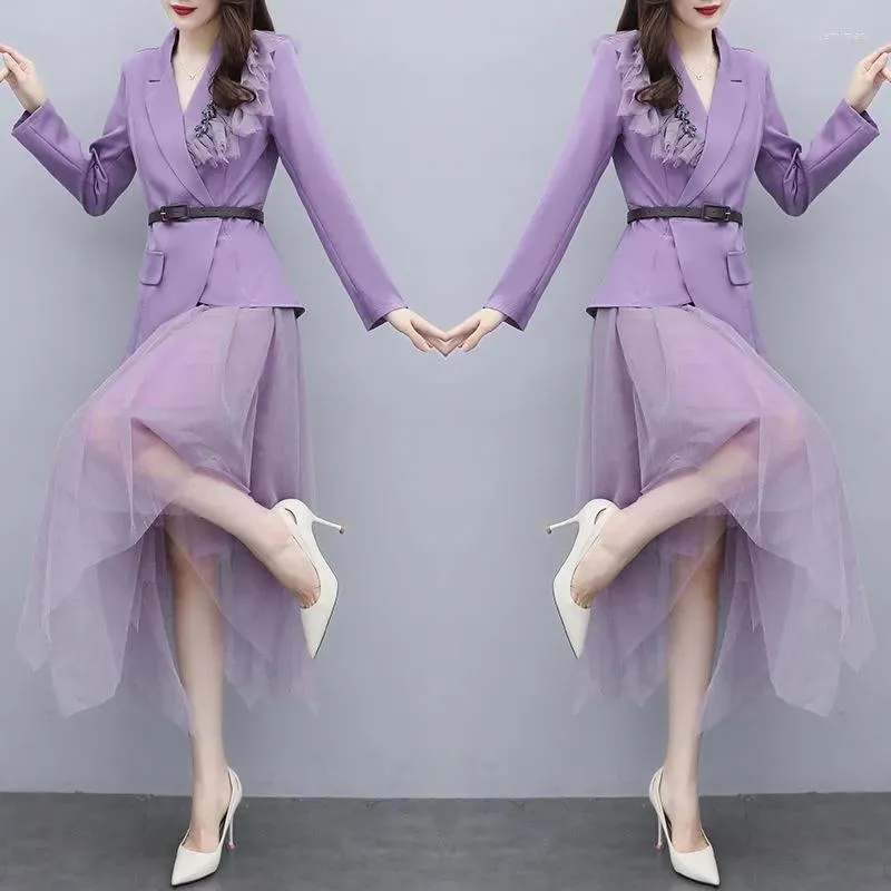 Dwuczęściowa sukienka elegancka fioletowa blezery spódnice