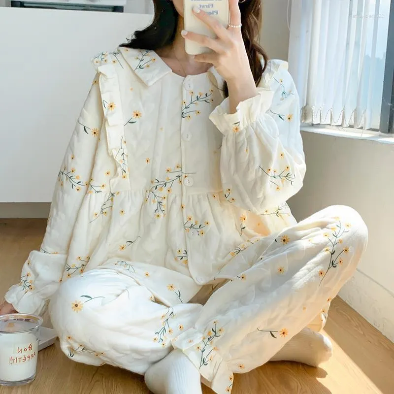 Kvinnors sömnkläder Autumn Summer Spring Floral Pyjama Set Women Cotton Bathrobe Long Girl Mujer Postpartum Night Suits Homewear