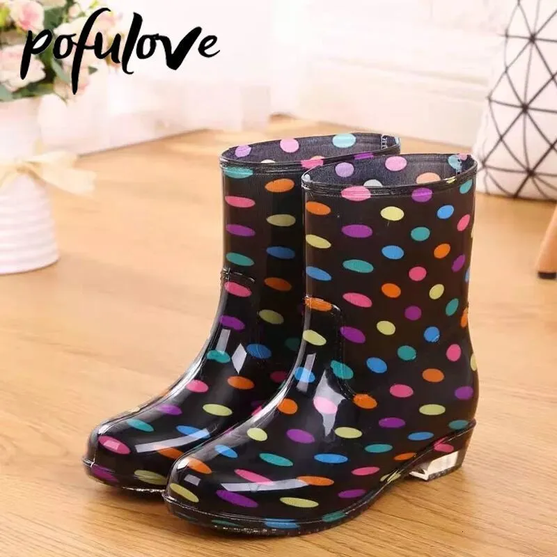 Rain Boots Pofulove Print Rain Boots Women Waterproof Work Shoes For Girls Non Slip Anti Skip PVC Water Shoes Rainboots Mid-Calf Botas 230804