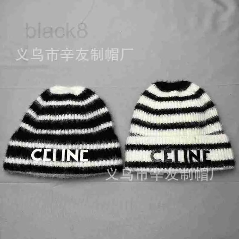 Beanie/Skull Caps designer nouveau chapeau tricoté à rayures noires et blanches en automne hiver, version coréenne, protection des oreilles chaudes, chapeau froid, laine de couple polyvalente 6D62