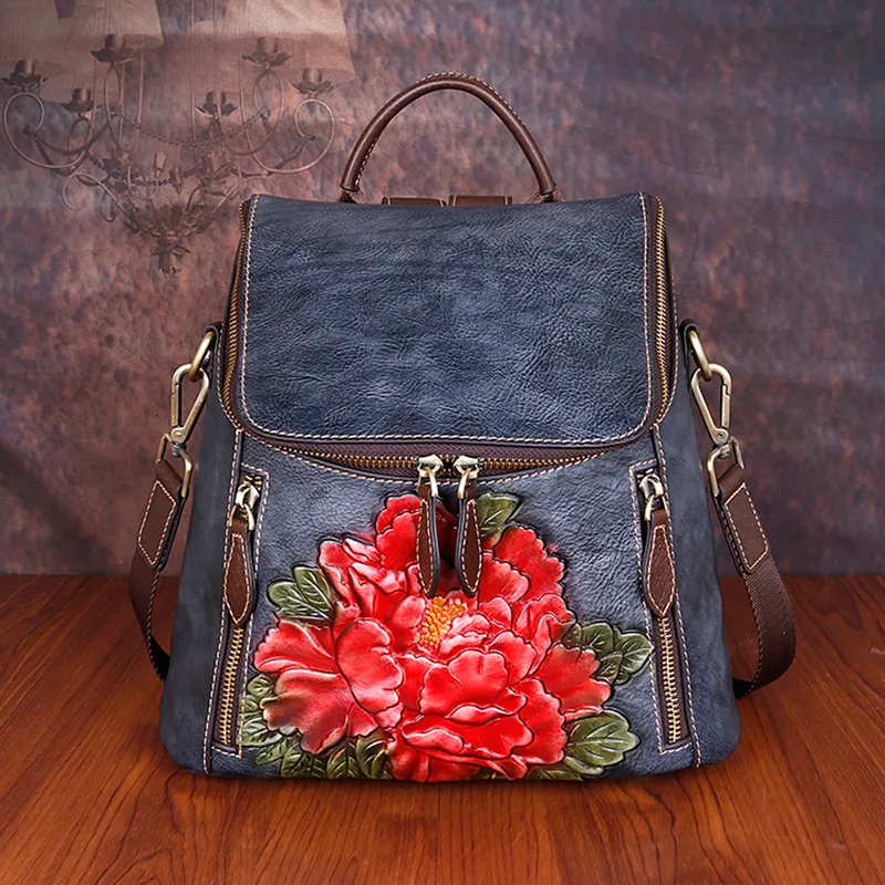 School Bags Cowhide Embossed Rucksack Female 3 Use Daypack Travel Shoulder Bag Flower Pattern Retro Knapsack Women Backpack Genuine Leather 230804