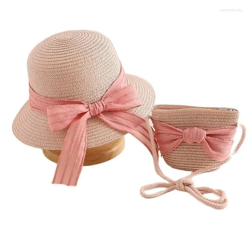 Breite Krempe Hüte XEONGKVI Ländlichen Stil Rosa Schmetterling Band Eltern-kind-Sonnentasche Set Frühling Sommer Marke Strand Stroh Kappe für Frauen Mädchen