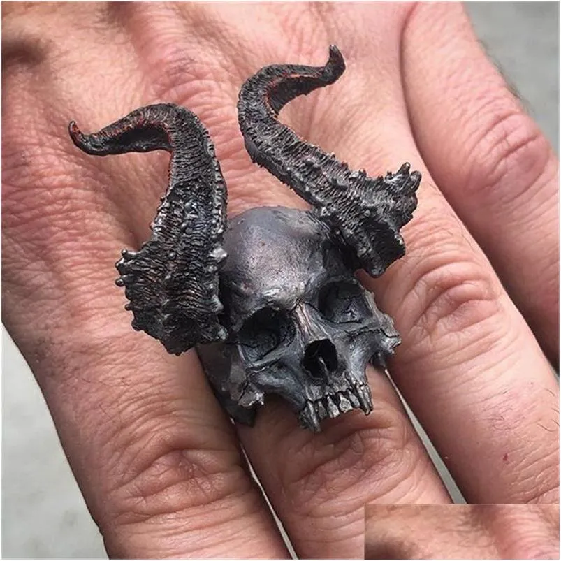 Rings Eyhimd Detail Black 316L Stainless Steel Skl Ring Horned Satan Devil Punk Bike 220826 Drop Delivery Jewelry Dh2Ae