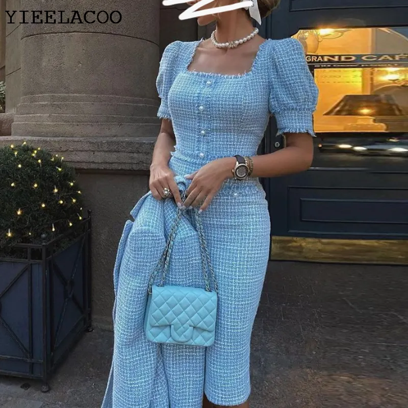 Urban Sexy Dresses Light Blue tweed dress Short sleeve 2023 spring autumn women s tassel ladies slim bottoming 230804